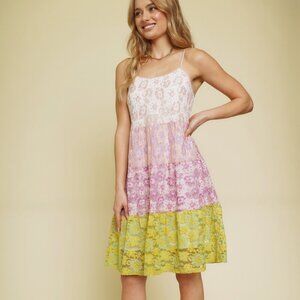 MYSTREE Colorblock Floral Lace Midi Dress Spaghetti Strap Multi Pink Green Yello